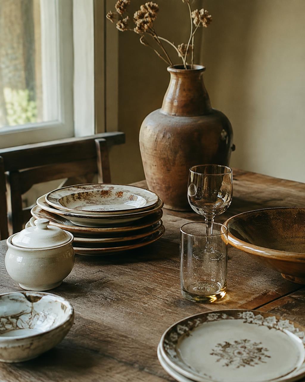 Vajilla antigua, cristalería y cerámica sobre una mesa de madera