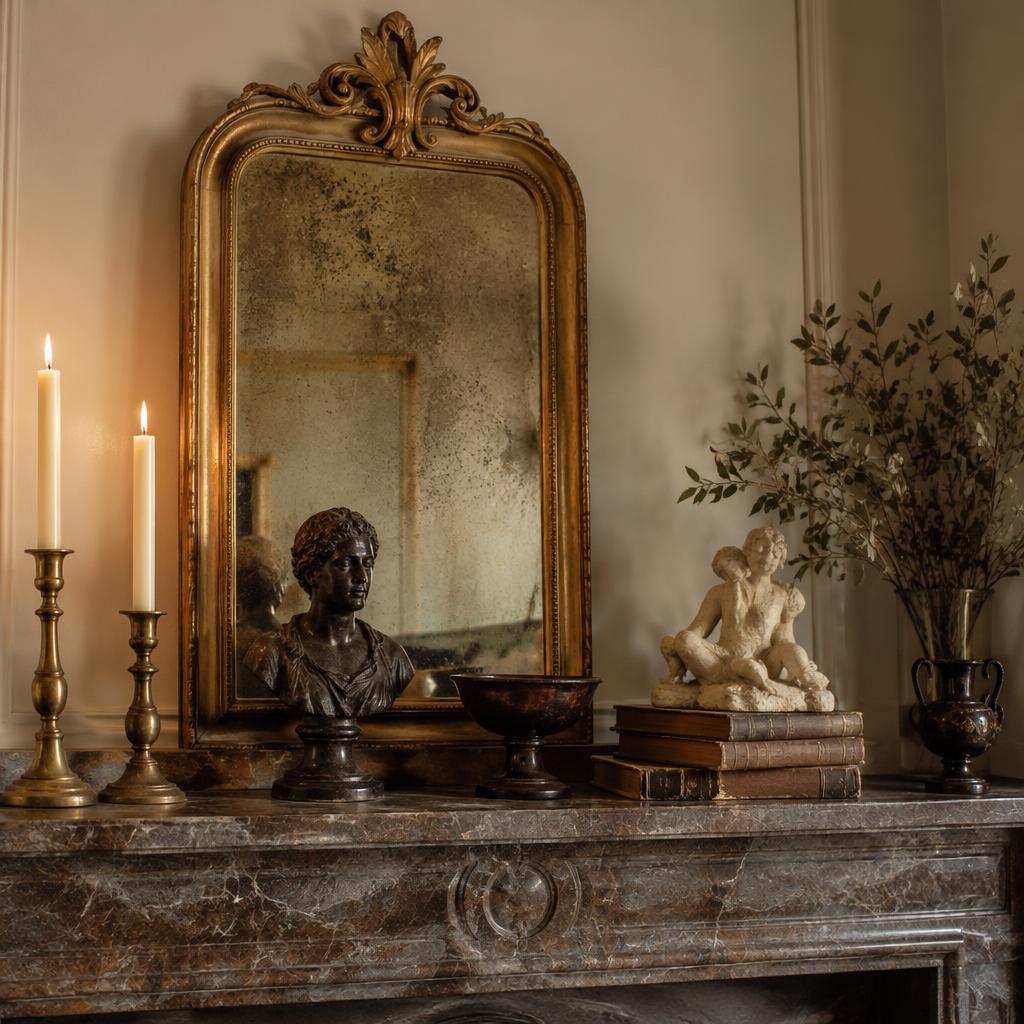 Espejo dorado, candelabros y bustos sobre una chimenea de mármol