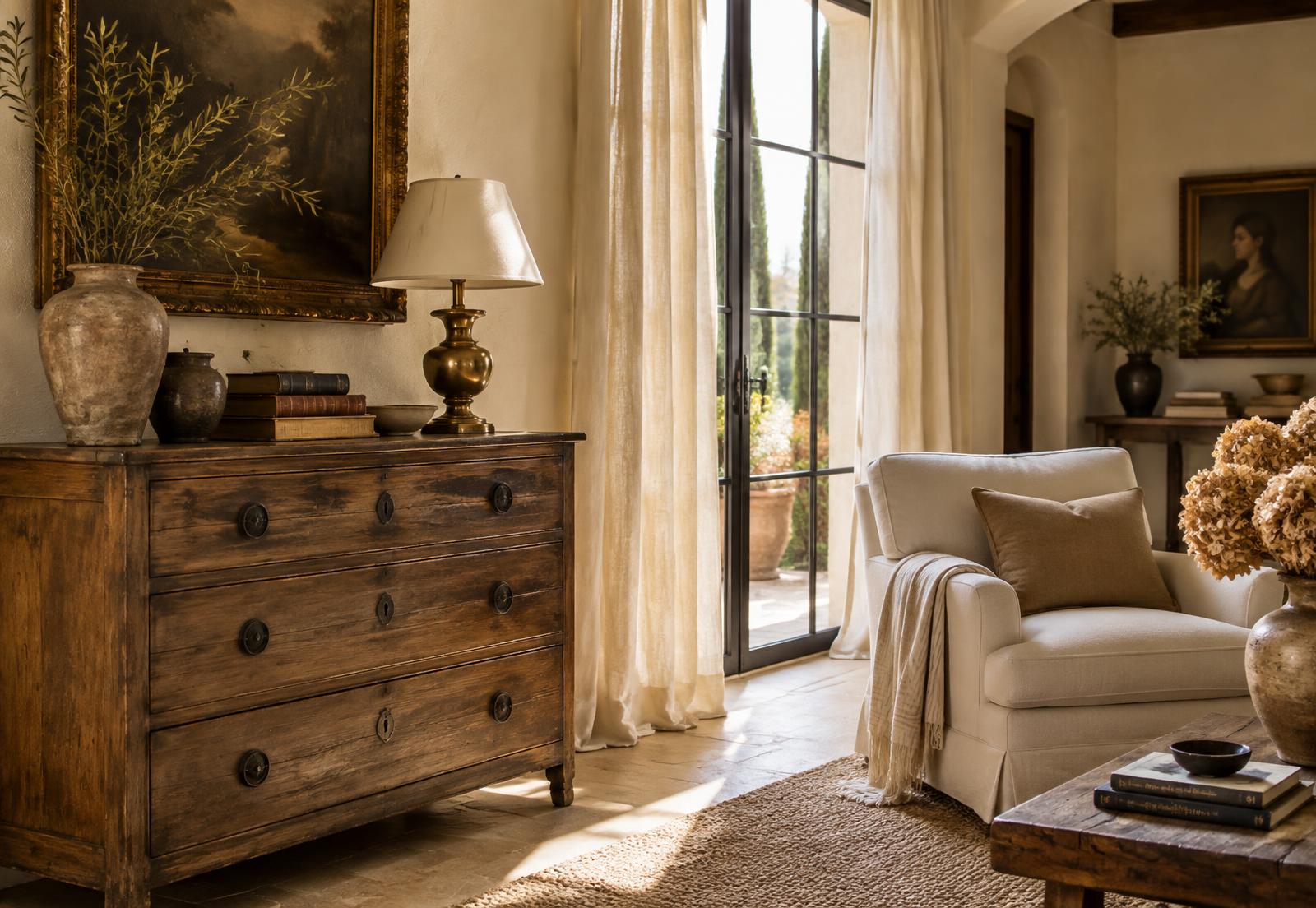 Salón mediterráneo con cómoda antigua de madera, lámpara de latón, libros y luz natural entrando por la ventana